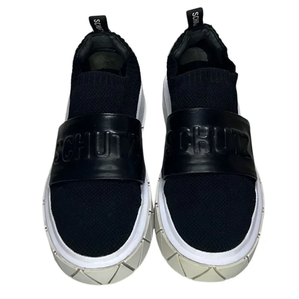 Schutz - Tennis Platform Shoes w/ Logo Strap, Knit, Slip On - Size 7.5, Black - Picture 7 of 16